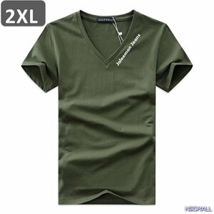 夏にピッタリ ☆ Vネック 半袖 Tシャツ【451】 グリーン 2XLサイズ トップス シャツ シンプル イラスト デザイン 春夏