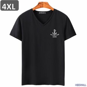 夏にピッタリ ☆ Vネック 半袖 Tシャツ【454】 ブラック 4XLサイズ トップス シャツ シンプル イラスト デザイン 春夏