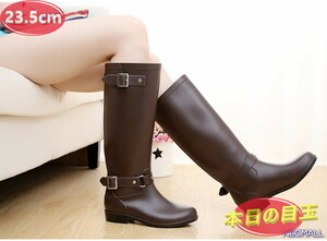 1 start * long rain boots [488] 23.5cm Brown × Brown zipper attaching . put on footwear ...! waterproof rain shoes lady's boots 