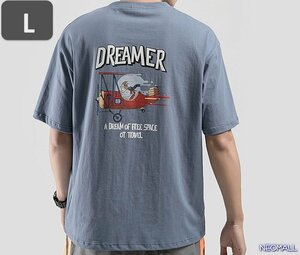 人気商品 ☆ 丸首 半袖 Tシャツ【468】 ブルー Lサイズ トップス シャツ シンプル イラスト デザイン 春夏