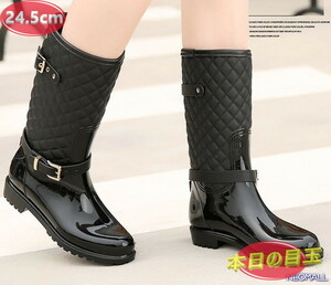 1 start * lady's quilting rain boots [493] 24.5cm black rain shoes rainy season measures . slide waterproof rain snow clear weather combined use 