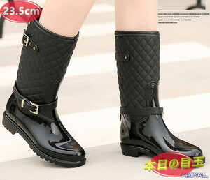 1 start * lady's quilting rain boots [493] 23.5cm black rain shoes rainy season measures . slide waterproof rain snow clear weather combined use 