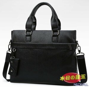 1円～ 新品 メンズ 高級PUレザー ビジネスバッグ【608】ブラック ブリーフケース ショルダー スクエア 横型 大人気 質感◎