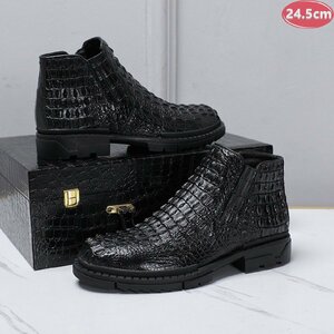 クロコダイルレザー ショートブーツ 最高級 ワニ革 クロコダイル 靴 メンズシューズ 革靴 ブラック 24.5cm 【n794】