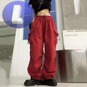  cargo pants red lady's L wide Street Dance outdoor waist rubber 