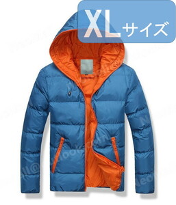 フード付き メンズ ダウン 004 ブルー×オレンジ XLサイズ 中綿ダウン 中綿ベスト キルティング アウター 防寒 秋冬 暖かい