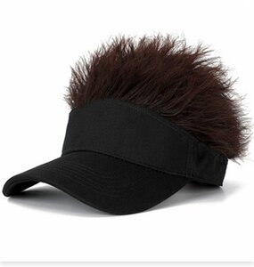 ウィッグ付サンバイザー 黒帽子 ヘアカラーダークブラウン カツラ ウィッグヘア 髪の毛付き ウィッグ付き アウトドア スポー ゴルフ n544