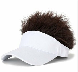 ウィッグ付サンバイザー 白帽子 ヘアカラーダークブラウン カツラ ウィッグヘア 髪の毛付き ウィッグ付き アウトドア スポー ゴルフ n544