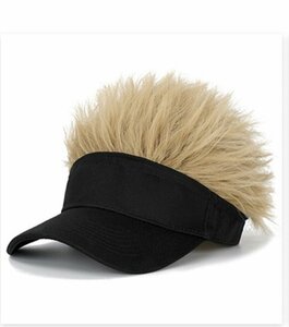 ウィッグ付サンバイザー 黒帽子 ヘアカラーゴールド カツラ ウィッグヘア 髪の毛付き ウィッグ付き アウトドア スポー ゴルフ n544