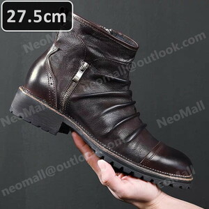  men's side zipper attaching short boots boots 27.5cm Brown PU leather military boots outdoor shoes [n014]