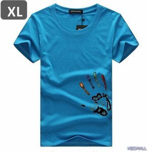 夏の定番 ☆ 丸首 半袖 Tシャツ【457】 ブルー XLサイズ トップス シャツ シンプル イラスト デザイン 春夏