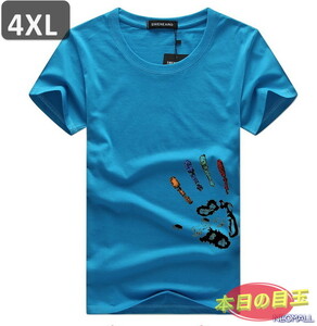 本日のお買得 ☆ 丸首 半袖 Tシャツ【457】 ブルー 4XLサイズ トップス シャツ シンプル イラスト デザイン 春夏