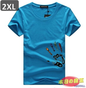 本日のお買得 ☆ 丸首 半袖 Tシャツ【457】 ブルー 2XLサイズ トップス シャツ シンプル イラスト デザイン 春夏