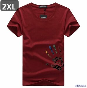 夏の定番 ☆ 丸首 半袖 Tシャツ【457】 ワインレッド 2XLサイズ トップス シャツ シンプル イラスト デザイン 春夏