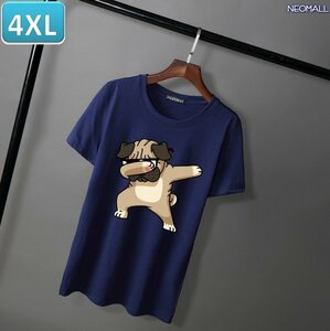 夏にピッタリ ☆ 丸首 半袖 Tシャツ【346】 ネイビー 4XLサイズ トップス シャツ シンプル イラスト 犬 ドッグ 春夏