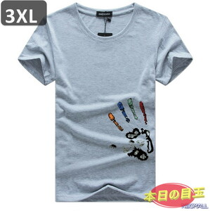 本日のお買得 ☆ 丸首 半袖 Tシャツ【457】 グレー 3XLサイズ トップス シャツ シンプル イラスト デザイン 春夏