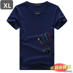 本日のお買得 ☆ 丸首 半袖 Tシャツ【457】 ネイビー XLサイズ トップス シャツ シンプル イラスト デザイン 春夏