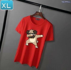 夏にピッタリ ☆ 丸首 半袖 Tシャツ【346】 レッド XLサイズ トップス シャツ シンプル イラスト 犬 ドッグ 春夏