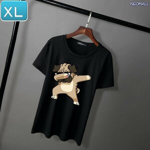 夏にピッタリ ☆ 丸首 半袖 Tシャツ【346】 ブラック XLサイズ トップス シャツ シンプル イラスト 犬 ドッグ 春夏