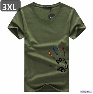 夏の定番 ☆ 丸首 半袖 Tシャツ【457】 グリーン 3XLサイズ トップス シャツ シンプル イラスト デザイン 春夏