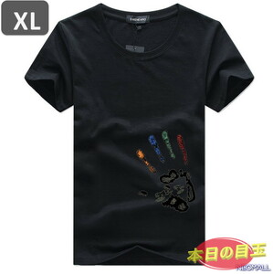 本日のお買得 ☆ 丸首 半袖 Tシャツ【457】 ブラック XLサイズ トップス シャツ シンプル イラスト デザイン 春夏