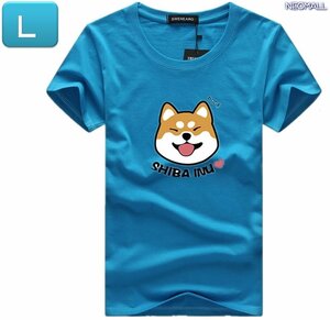 夏にピッタリ ☆ 丸首 半袖 Tシャツ【345】 ブルー Lサイズ トップス シャツ シンプル イラスト シルエット 春夏