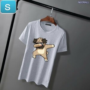 夏にピッタリ ☆ 丸首 半袖 Tシャツ【346】 グレー Sサイズ トップス シャツ シンプル イラスト 犬 ドッグ 春夏