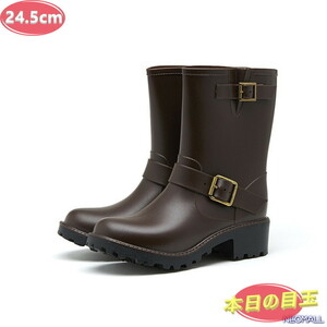 1 start * lady's stylish rain boots [495] 24.5cm Brown rain shoes rain shoes rainy season measures . slide waterproof rain snow clear weather combined use 