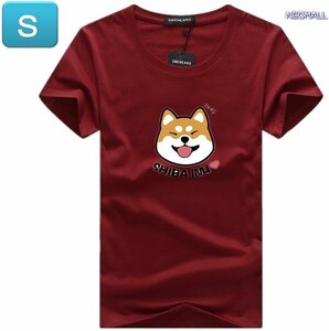 夏にピッタリ ☆ 丸首 半袖 Tシャツ【345】 ワインレッド Sサイズ トップス シャツ シンプル イラスト シルエット 春夏