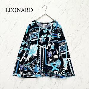 LEONARDre владелец -ru цветочный принт длинный рукав отделка cut and sewn большой размер чёрный голубой 3L черный блуза 2XL общий рисунок вырез лодочкой 