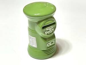 陶器製 郵便ポスト型 貯金箱 グリーン色 高さ12cm
