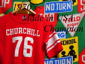 ★GOODサイズの1枚★Made in USA製アメリカ製ChampionチャンピオンビンテージナンバリングプリントTシャツ70s70年代ブルーバータグWIN赤色M