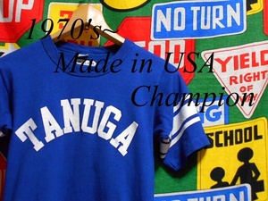 ★シンプルで爽やかな印象の1枚★Made in USA製アメリカ製ChampionチャンピオンビンテージカレッジプリントTシャツ70s70年代コットン100%M