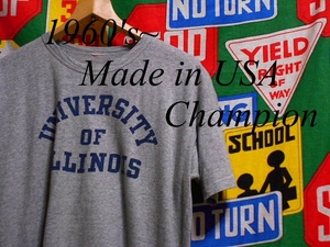 ★3列染み込みプリントが◎な1枚★Made in USA製アメリカ製ChampionチャンピオンビンテージカレッジプリントTシャツ60s60年代杢霜降りXL位