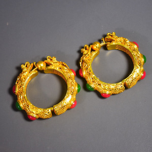 ▽鴻▽ 銅製 塗金 寶石嵌 雙龍頭腕輪一對 置物 古賞物 中国古玩 中国古美術