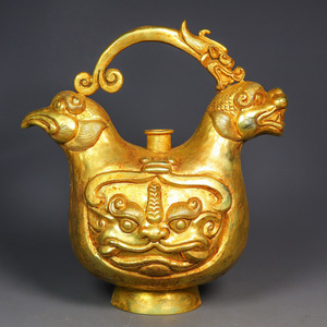 ▽鴻▽ 銅製 塗金 龍頭鳳頭壺 置物 古賞物 中国古玩 中国古美術