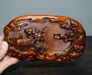 ▽鴻▽ 黄楊木製 細密彫 松下筆洗 置物 古賞物 中国古玩 中国古美術