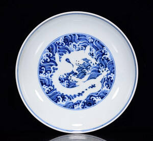 ▽鴻▽明 宣德年製款 青花 海水龍紋 供盤 古陶瓷品 置物 古賞物 中国古玩 中国古美術