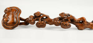 ▽鴻▽ 黄楊木製 細密彫 靈芝如意 置物 古賞物 中国古玩 中国古美術