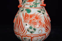 ▽鴻▽元 紅綠彩 魚藻紋 雙耳瓶 古陶瓷品 置物 古賞物 中国古玩 中国古美術_画像8
