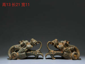 ▽鴻▽ 戦 青銅製 龍頭一對 置物 古賞物 中国古玩 中国古美術