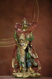 ▽鴻▽銅製 金鍍 彩繪 韋陀護法像 置物 古賞物 中国古玩 中国古美術