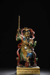 ▽鴻▽ 銅製 金鍍 彩繪 王靈官像 置物 古賞物 中国古玩 中国古美術