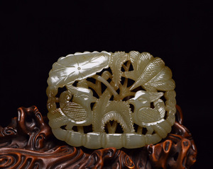 ▽鴻▽ 和田玉製 細密彫 鴛鴦戲水牌 置物 古賞物 中国古玩 中国古美術