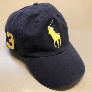 未使用！POLO RALPH LAUREN ラルフローレン ビッグポニー,No.3刺繍 キャップ 帽子 ダークブルー バックベルト調節,旧タグ 正規品 希少！