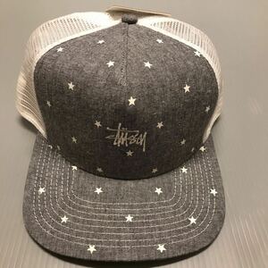 未使用タグ付！ステューシー STUSSY STAR OXFORD TRUCKER BALLCAP キャップ 帽子 グレー系ホワイトスター/ホワイトメッシュ SNAPBACK レア!