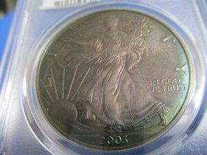 アメリカ シルバーイーグル １ドル銀貨☆2003年／PCGS MS 67／希少なグリーンとブラウントーン／