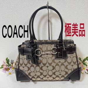 【極美品】COACH コーチ ハンドバッグ シグネチャー キャンバス×レザー ブラウン系 チャーム付き