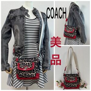 タイムセール！美品★COACH コーチ ショルダーバッグ ポシェット 斜め掛け 肩掛け キャンバス×レザー ヒョウ柄 チャーム付き