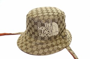 美品 GUCCI × THE NORTH FACE グッチ ノースフェイス GGキャンバス リバーシブル ハット メンズ レディース M 58 帽子 男女兼用